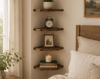 Rustic Brown Corner Floating Shelves Set of 4, Farmhouse Wood Wall Decor