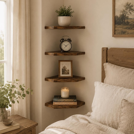 Rustic Brown Corner Floating Shelves Set of 4, Farmhouse Wood Wall Decor