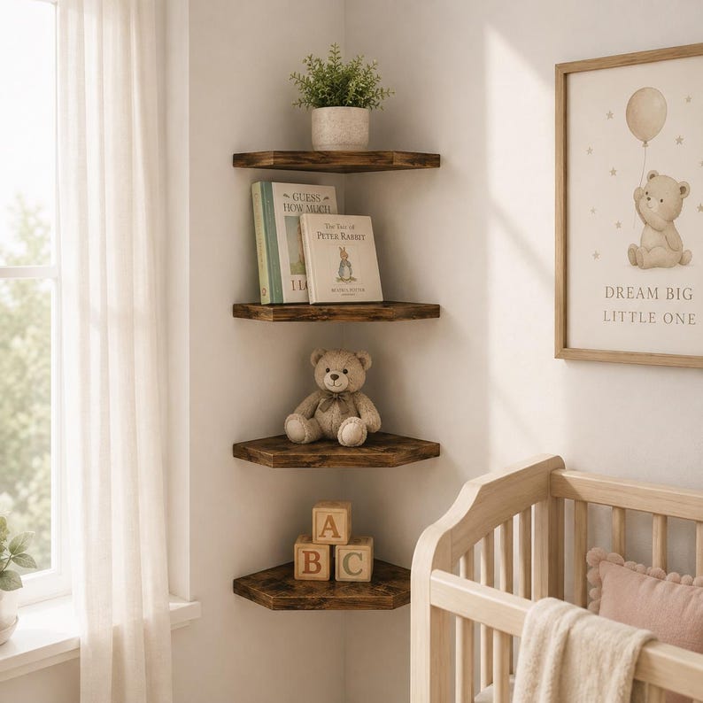 Puede incluir: Cuatro estantes de esquina de madera marr&oacute;n oscuro montados en una pared. El estante superior sostiene una peque&ntilde;a planta en maceta. El segundo estante contiene dos libros. El tercer estante sostiene un oso de peluche. El estante inferior tiene tres bloques de madera.