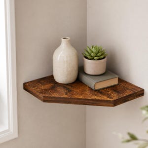 Puede incluir: Una estanter&iacute;a de esquina de madera de color marr&oacute;n oscuro con veteado montada en la pared. Sobre la estanter&iacute;a hay un jarr&oacute;n alto de cer&aacute;mica de color blanco roto con textura moteada, un libro cerrado con tapa gris y una maceta clara con una suculenta.