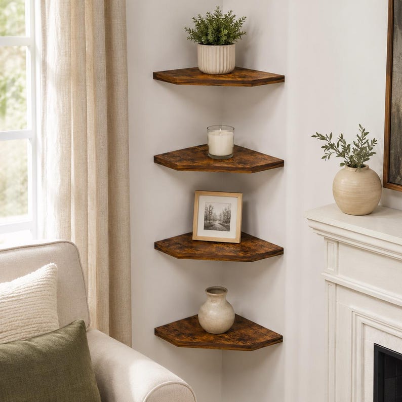 Puede incluir: Un conjunto de cuatro estantes de esquina montados en la pared con un acabado de grano de madera marr&oacute;n oscuro. Los estantes est&aacute;n dispuestos verticalmente en una esquina, sosteniendo una peque&ntilde;a planta en maceta, un portavelas de vidrio, una foto enmarcada y un jarr&oacute;n de cer&aacute;mica.