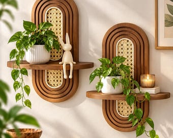 Juego de 2 estantes de pared arqueados de ratán, estantes flotantes de nogal, decoración bohemia, estante para plantas de mediados de siglo