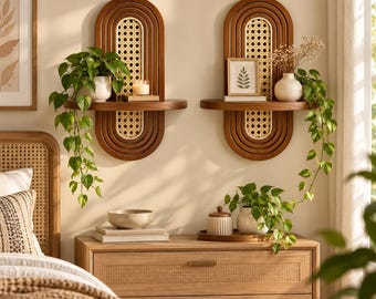 Juego de 2 estantes de pared arqueados de ratán nogal, decoración bohemia, estante de madera de caña