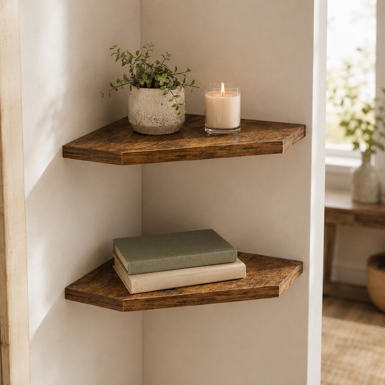 Puede incluir: Dos estantes de esquina de madera marr&oacute;n oscuro con veteado montados en una pared blanca. El estante superior sostiene una peque&ntilde;a planta verde en una maceta gris moteada y una vela blanca encendida en un soporte de vidrio.