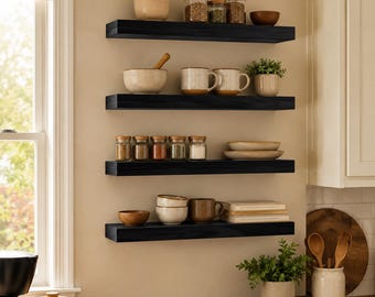 Set of 4 Floating Wood Shelves, Rustic Farmhouse Decor (15.8 x 5.5 Inch)