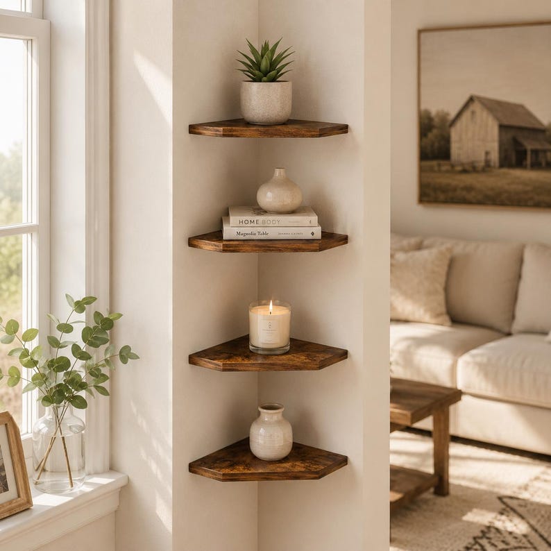 Puede incluir: Cuatro estantes de esquina de madera marr&oacute;n oscuro montados verticalmente en una pared. El estante superior sostiene una peque&ntilde;a suculenta verde en una maceta. El segundo estante sostiene un jarr&oacute;n blanco y dos libros apilados. El tercero tiene una vela blanca.