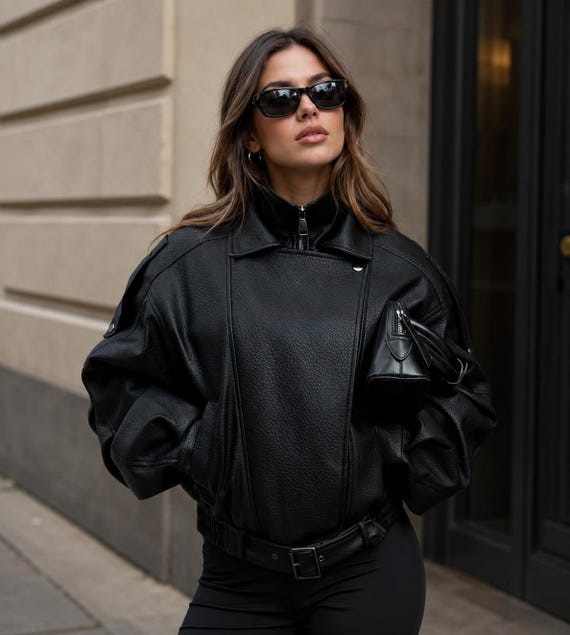 Oversized Black Sheep Leather Jacket | Handmade Relaxed Fit Streetwear Coat