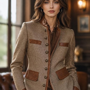 Vintage Tweed Jacket for Women, Eco Leather Trim Blazer, Tailored Fitted Coat