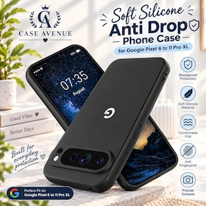 May include: A black soft silicone phone case for Google Pixel 6 to 11 Pro XL. The case features a matte finish, a camera cutout, and side buttons. Text on the image includes Case Avenue, Soft Silicone Anti Drop Phone Case, and feature icons.
