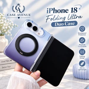 May include: A clear, gradient purple and blue folding phone case for an iPhone 18 Folding Ultra, featuring a prominent black circular magnetic ring on the back. The case includes text labels for shockproof protection, MagSafe compatibility, and a slim design.