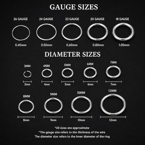 Op de afbeelding: Een maattabel voor zilverkleurige metalen ringen. Het bovenste gedeelte toont de diktes van 26 tot 18 gauge, met afmetingen van 0,40 mm tot 1,00 mm. Het onderste gedeelte toont de diameters, variërend van 3 mm tot 12 mm.