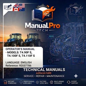 Puede incluir: Una portada de producto digital para ManualPro Tech con dos tractores azules y un dibujo técnico de un tractor. El texto incluye OPERATOR'S MANUAL, MODELS: T4.90F S, T4.100F S, T4.110F S, LANGUAGE: ENGLISH, Reference: 92037786 y TECHNICAL MANUALS.