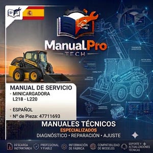 Op de afbeelding: Een onderhoudshandleiding voor New Holland L218 en L220 schrankladers. De omslag toont een gele en zwarte schranklader, een technische lijntekening en de tekst ManualPro TECH, MANUAL DE SERVICIO en N° de Pieza: 47711693 in het Spaans.