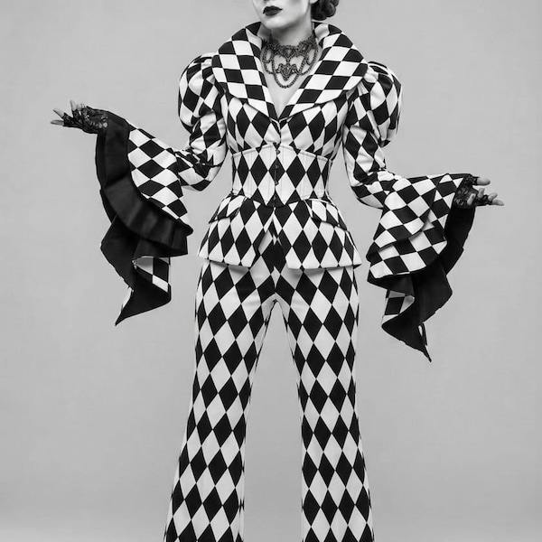 Schwarzer und weißer Harlekin-Hosenanzug mit Rautenmuster | Handgefertigtes Narrenkostüm mit Schößchenjacke und Schlaghose | Zirkus-Karneval-Halloween-Outfit