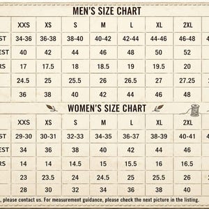 Puede incluir: Una tabla de tallas con dos secciones etiquetadas como MEN'S SIZE CHART y WOMEN'S SIZE CHART, ambas en pulgadas. Enumera las medidas de pecho, chaqueta, hombros, mangas y cintura para las tallas de XXS a 4XL con una nota al pie.