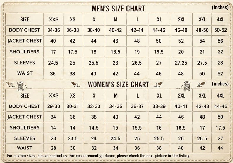 Puede incluir: Una tabla de tallas con dos secciones etiquetadas como MEN'S SIZE CHART y WOMEN'S SIZE CHART, ambas en pulgadas. Enumera las medidas de pecho, chaqueta, hombros, mangas y cintura para las tallas de XXS a 4XL con una nota al pie.