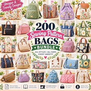 May include: A collection of 200 sewing patterns for various bags, including backpacks, totes, and crossbody styles with floral, quilted, and patterned designs. The central text reads 200 Sewing Pattern BAGS BUNDLE.