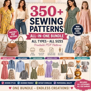 Pacchetto di oltre 350 modelli di cucito, abbigliamento per donna, uomo e bambino, gonna lunga, pantaloni larghi, top a corsetto