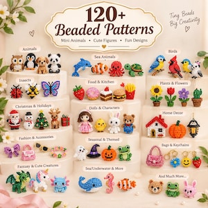 May include: A collection of 120+ beaded patterns featuring mini animals, cute figures, and fun designs. The display includes small, colorful beaded creations categorized by themes like insects, food, holidays, and fantasy creatures with text labels.