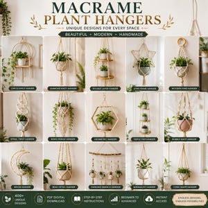 Op de afbeelding: Een collectie van vijftien macramé plantenhangers met diverse ontwerpen, waaronder cirkelvormige planken, diamantknopen, dubbele lagen, sterframes, houten ringen, spiraalvormen, franjes, geometrische vormen, drie lagen, knopen en manen.