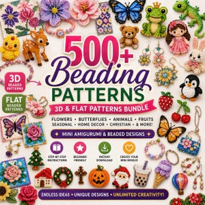 500+ Mini Beading Patterns Bundle , 3D Beaded Animal Keychain, Loom Flower Earring, Peyote Stitch