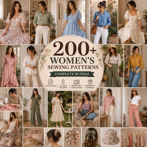 Könnte beinhalten: Eine digitale Sammlung von über 200 Schnittmustern für Kleidungsstücke wie Kleider, Jumpsuits, Hemden und Hosen. Das Paket enthält PDF-Schnittmuster, alle Größen, Schritt-für-Schritt-Anleitungen sowie Accessoires wie Haargummis und Hüte.