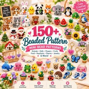 150+ Beaded Pattern Bundle , Seed Bead Animal Keychain, 3D Loom Beading Flower Jewelry