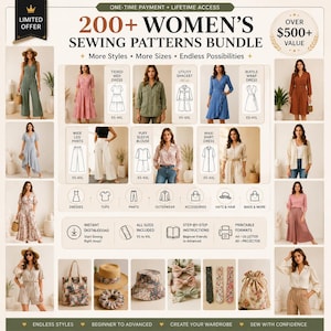 Bundel met meer dan 200 naaipatronen voor dames in PDF-formaat | Jurk- en jumpsuitpatronen voor beginners | Printbare digitale kledingontwerpen