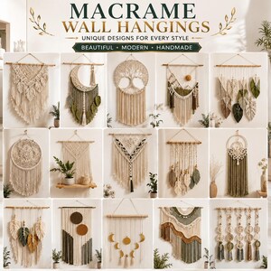 Paquete de patrones de macramé Mega, arte mural geométrico bohemio moderno, manualidades para colgar plantas, cuerda imprimible