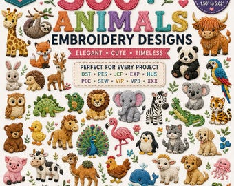 Puede incluir: Una colección digital de más de 500 diseños de bordado de animales que incluye una jirafa, un perezoso, un panda y un elefante. El texto dice 500+ ANIMALS EMBROIDERY DESIGNS, ELEGANT CUTE TIMELESS, y enumera formatos como DST, PES y JEF.