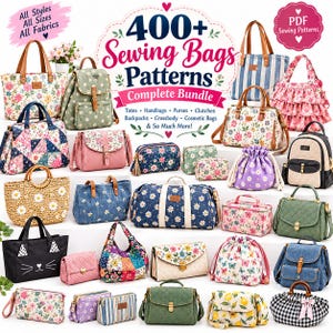 以下が含まれることがあります： トートバッグ、バックパック、ハンドバッグ、クラッチなど、花柄、ストライプ柄、キルティング柄の様々なバッグのコレクション。画像には「400+ Sewing Bags Patterns Complete Bundle」および「PDF Sewing Patterns」というテキストが含まれています。