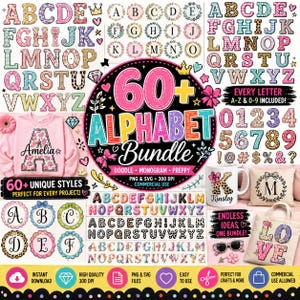 May include: A digital design bundle featuring 60+ alphabet sets, numbers, and symbols in various patterns like leopard print, floral, and stripes. Includes examples of the letters on a pink sweatshirt, a white mug, a pillow, and a tote bag.