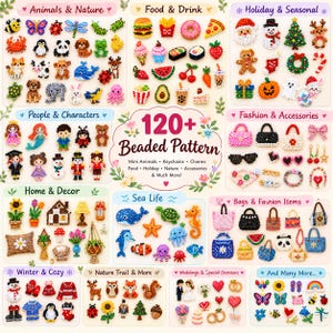 Puede incluir: Una colección de más de 120 patrones de cuentas con diversos motivos que incluyen animales, comida, símbolos festivos, accesorios de moda y vida marina. La muestra está organizada en categorías etiquetadas con diseños coloridos y detallados.