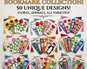 50+ Crochet Bookmark Pattern Bundle, Animal & Flower Bookmarks, Whimsical Tassel Page Marker, Teacher Gift