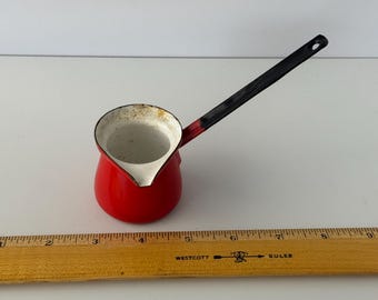 Vintage Red Enamel Turkish Coffee Pot Cezve | Made in Poland Long Handle Pot | Retro Kitchenware