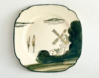Vintage Made in Japan Windmill Scene Plate | Scalloped Edge Decorative Dish | Black White Coastal Landscape | 6 Inch Japan Plate