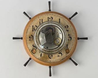 Vintage E Ingraham Ship Wheel Clock | Exposed Mechanism Nautical Wall Clock | Wooden Rim Ships Wheel Decor