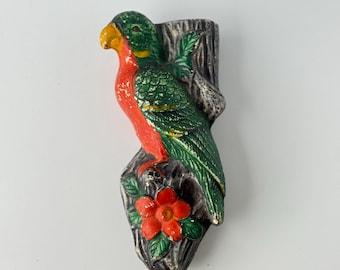 Vintage Colorful Parrot Wall Pocket Vase | Ceramic Tropical Bird on Tree Stump | Mid Century Hanging Planter Decor