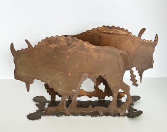 Vintage Rusted Metal Bison Buffalo Napkin Letter Holder | Signed Rayline Western Rustic Decor | Rustic Lodge Cabin Desk Organizer