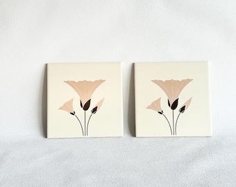Vintage INCEPA Brazil Ceramic Floral Tiles | 6x6 Mid Century Modern Wall Decor | Beige Cream Flower Tiles Pair | Made in Brazil 1980s