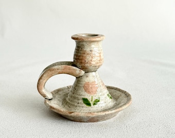 Vintage Studio Pottery Candlestick | Hand Thrown Ceramic Taper Holder with name | Speckled Floral Rose Candle Decor