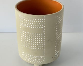 Vintage Cream Pierced Ceramic Planter | Orange Interior Dot Pattern Pot | Mid Century Modern Footed Vase Holder