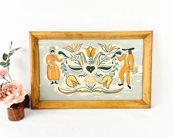 Hand Painted Folk Art Plaque | Dutch Style Floral Birds, Mid-Century Wooden Decor