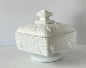 Vintage Milk Glass Grape Trinket Box | Lidded Pedestal Powder Box | White Opalescent Jewelry Box