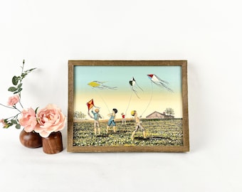 H. Hargrove "Boys Flying Kites" Painting | 1950s-1960s | Framed Canvas