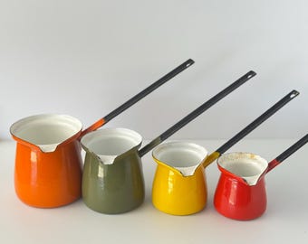 4 Vintage Polish Enamel Turkish Coffee Cezves | Orange Green Yellow Red Set | Retro Kitchenware