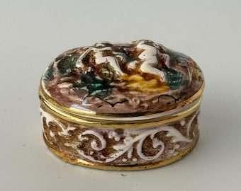 Vintage Capodimonte Porcelain Trinket Box | R. Capodimonte Italy Hand Painted Cherub Lid | Gilt Jewelry Box