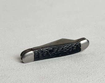 Vintage Stag Handle Pocket Knife | Textured Black Horn Scales | Antique Folding Knife | Nickel Bolsters | Small Collectible EDC