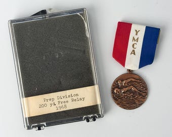 1968 YMCA Swimming Medal | Prep Division 200 yd Free Relay | Vintage Bronze Swim Award with Ribbon & Case