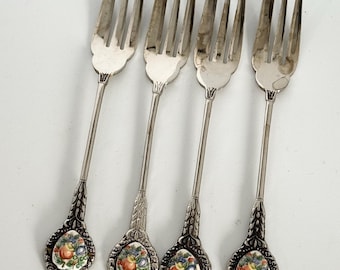 Vintage 4 Piece Pastry Fork Set | Harvest Floral Enamel Medallion Silverplate Dessert Forks | Original Boxes